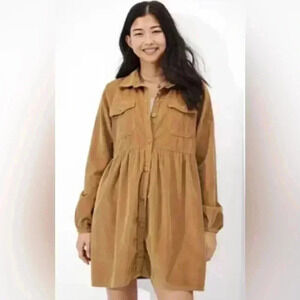 American Eagle Light Brown Tan Corduroy Button Up Shirt Dress Women’s Size XS AE